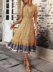 SHEIN VCAY Vestido con estampado floral de manga farol bajo con fruncido - Amarillo - Ver 3