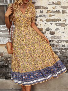 SHEIN VCAY Vestido con estampado floral de manga farol bajo con fruncido - Amarillo - Ver 4