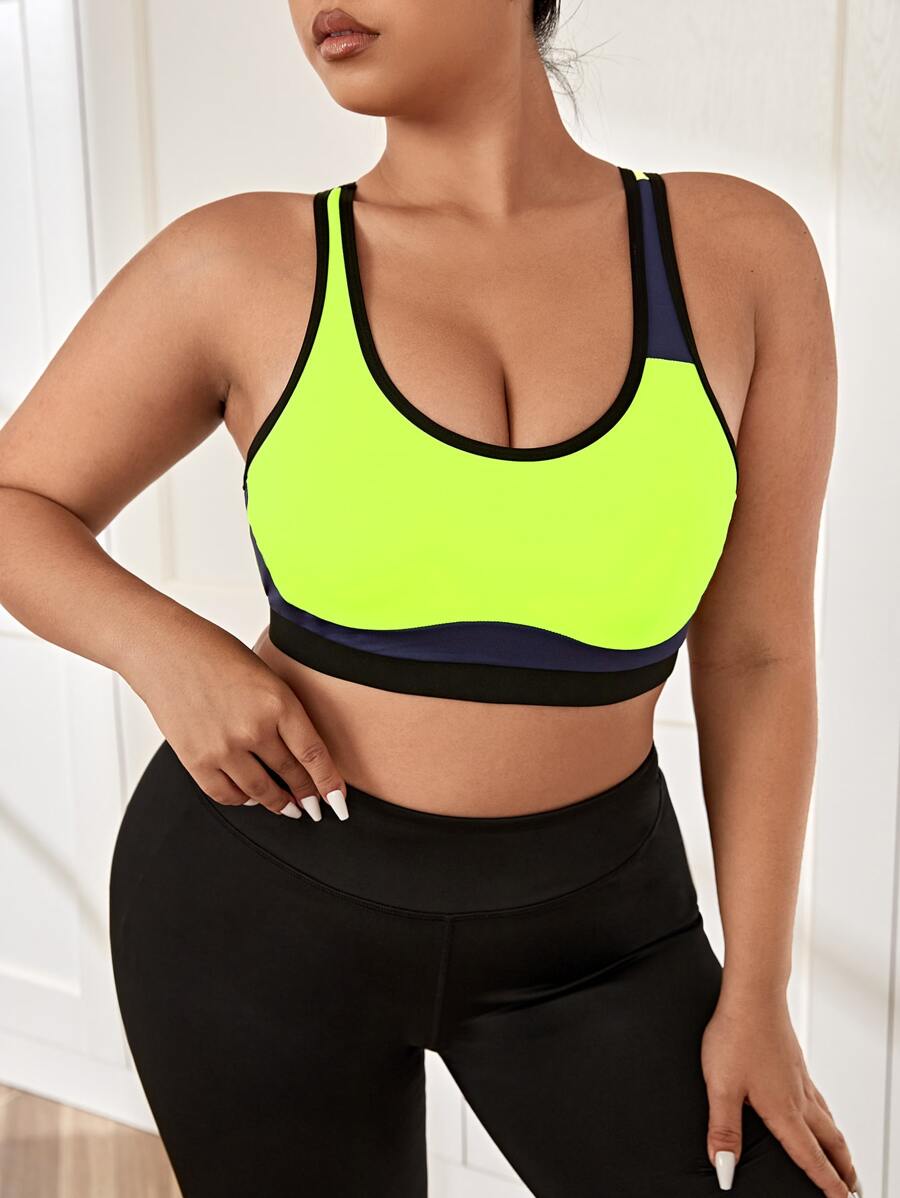 Plus Contrast Binding Sports Bra - Lime Green - View 1
