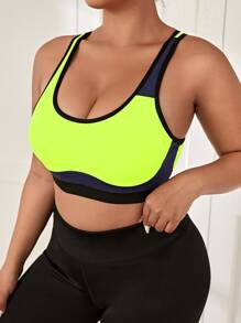Plus Contrast Binding Sports Bra - Lime Green - View 3