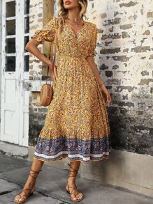 SHEIN VCAY Vestido con estampado floral de manga farol bajo con fruncido - Amarillo - Ver 7