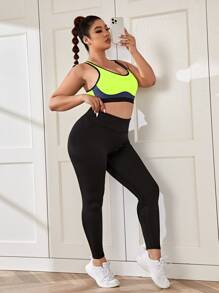 Plus Contrast Binding Sports Bra - Lime Green - View 5