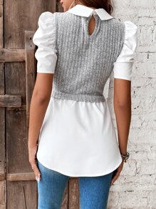 SHEIN Privé 雙色泡泡袖假兩件上衣 - 彩色 - 查看 4