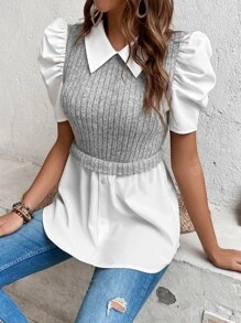 SHEIN Privé 雙色泡泡袖假兩件上衣 - 彩色 - 查看 5