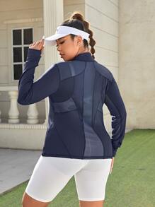 SHEIN Daily&Casual Plus Top-Stitching Thumb Holes Zip Up Sports Top,Women Tennis Outfit - Navy Blue - View 2