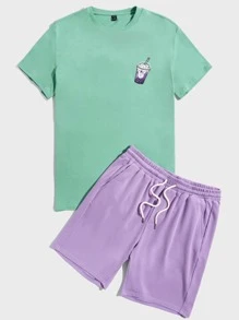 Manfinity VCAY Áo thun nam tay ngắn in chữ Nhật Bản và hình đồ uống, quần short, - Màu xanh Bạc hà - Xem 2