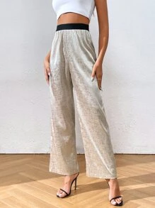 SHEIN Essnce Jacquard Satin Wide Leg Trousers - Apricot - View 1