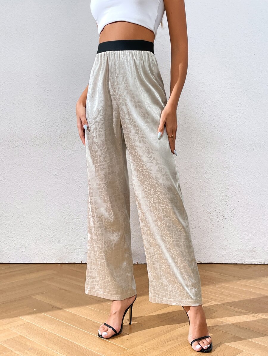 SHEIN Essnce Jacquard Satin Wide Leg Trousers - Apricot - View 1
