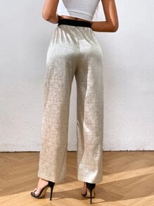 SHEIN Essnce Jacquard Satin Wide Leg Trousers - Apricot - View 2