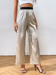 SHEIN Essnce Jacquard Satin Wide Leg Trousers - Apricot - View 3