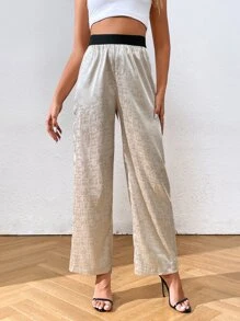 SHEIN Essnce Jacquard Satin Wide Leg Trousers - Apricot - View 4