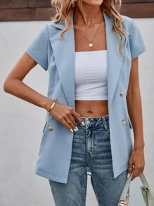 SHEIN LUNE Double Breasted Lapel Collar Blazer - Dusty Blue - View 5