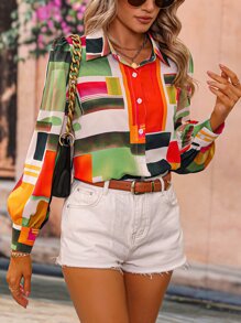 SHEIN VCAY Camisa con estampado geométrico de manga farol con botón delantero - Multicolor - Ver 5