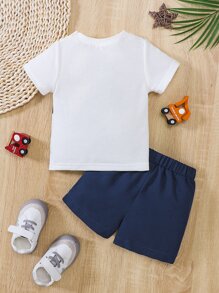 SHEIN Baby Boy Excavator Print Tee & Shorts - Blue and White - View 2