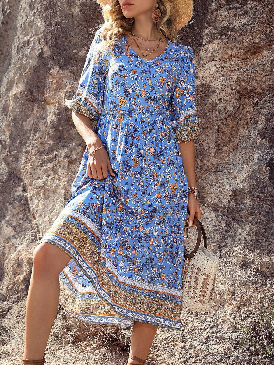 SHEIN VCAY Floral Print Lantern Sleeve Dress - Blue - View 1