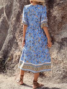 SHEIN VCAY Floral Print Lantern Sleeve Dress - Blue - View 2