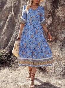 SHEIN VCAY Floral Print Lantern Sleeve Dress - Blue - View 3