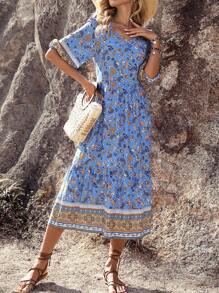 SHEIN VCAY Floral Print Lantern Sleeve Dress - Blue - View 5