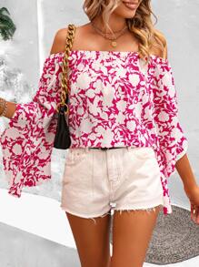 SHEIN VCAY Floral Print Off the Shoulder Blouse - Hot Pink - View 1