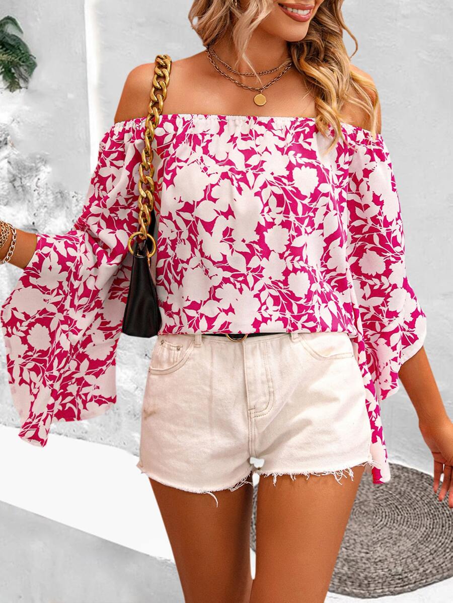 SHEIN VCAY Floral Print Off the Shoulder Blouse - Hot Pink - View 1