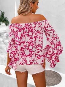 SHEIN VCAY Floral Print Off the Shoulder Blouse - Hot Pink - View 2