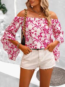 SHEIN VCAY Floral Print Off the Shoulder Blouse - Hot Pink - View 4