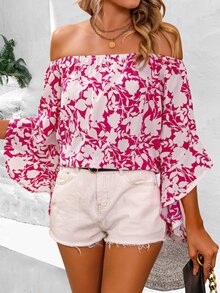 SHEIN VCAY Floral Print Off the Shoulder Blouse - Hot Pink - View 5
