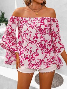 SHEIN VCAY Floral Print Off the Shoulder Blouse - Hot Pink - View 6