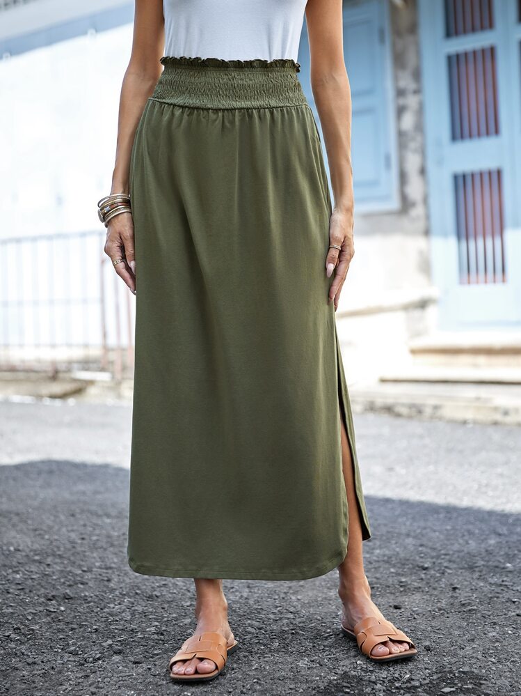 SHEIN LUNE Jupe fendue à taille froncée - Militaire verte - Voir 2