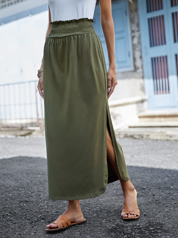 SHEIN LUNE Jupe fendue à taille froncée - Militaire verte - Voir 1