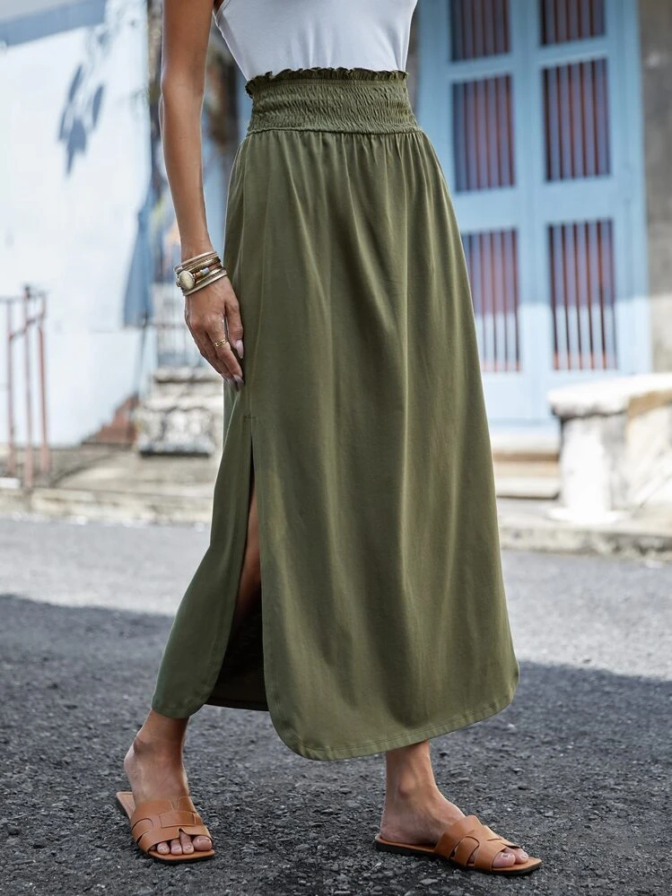 SHEIN LUNE Jupe fendue à taille froncée - Militaire verte - Voir 5