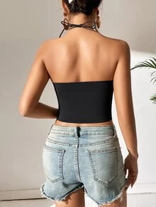 SHEIN VCAY Cut Out Tie Backless Halter Top - Black - View 2