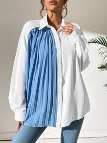 SHEIN LUNE Pleated Panel Drop Shoulder Shirt - Blue and White - View 1