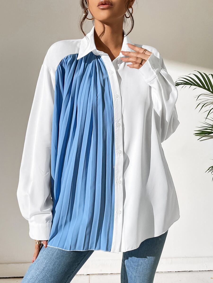 SHEIN LUNE Pleated Panel Drop Shoulder Shirt - Blue and White - View 1