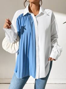 SHEIN LUNE Pleated Panel Drop Shoulder Shirt - Blue and White - View 4