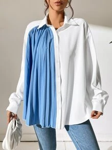 SHEIN LUNE Pleated Panel Drop Shoulder Shirt - Blue and White - View 5