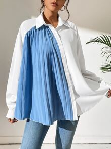 SHEIN LUNE Pleated Panel Drop Shoulder Shirt - Blue and White - View 6