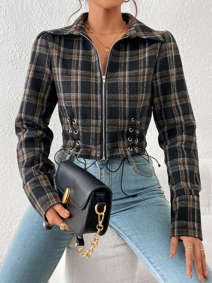 SHEIN EZwear Plaid Print Lace Up Zip Fly Blouse - Multicolor - View 1