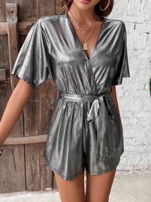 SHEIN Unity Surplice Neck Batwing Sleeve Belted Romper - Silver - View 4