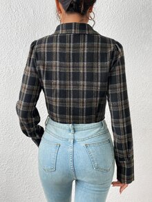 SHEIN EZwear Plaid Print Lace Up Zip Fly Blouse - Multicolor - View 2