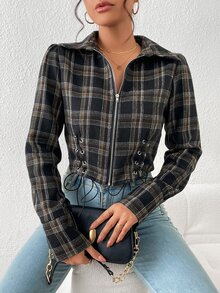 SHEIN EZwear Plaid Print Lace Up Zip Fly Blouse - Multicolor - View 3