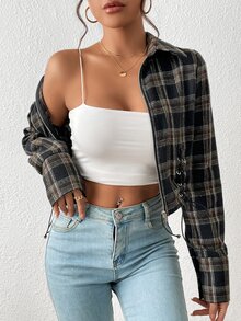 SHEIN EZwear Plaid Print Lace Up Zip Fly Blouse - Multicolor - View 4