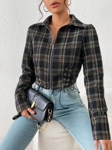 SHEIN EZwear Plaid Print Lace Up Zip Fly Blouse - Multicolor - View 5