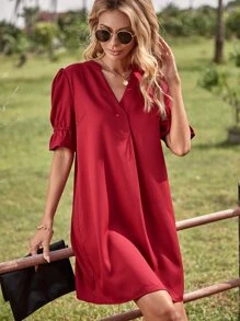 SHEIN Clasi Vestido de manga farol de cuello notch - Burdeos - Ver 1