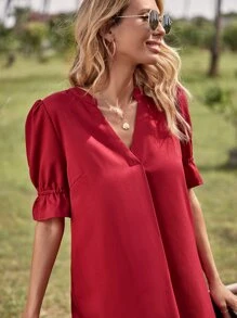 SHEIN Clasi Vestido de manga farol de cuello notch - Burdeos - Ver 3