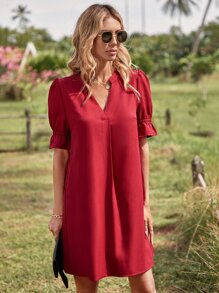 SHEIN Clasi Vestido de manga farol de cuello notch - Burdeos - Ver 4