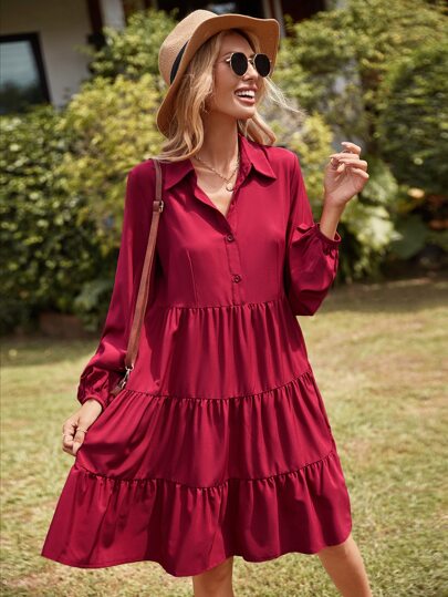 SHEIN VCAY Solid Ruffle Hem Smock Dress