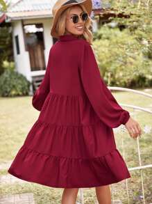 SHEIN VCAY Solid Ruffle Hem Smock Dress - Burgundy - View 2