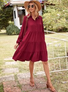 SHEIN VCAY Solid Ruffle Hem Smock Dress - Burgundy - View 3