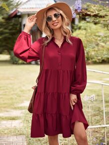 SHEIN VCAY Solid Ruffle Hem Smock Dress - Burgundy - View 4